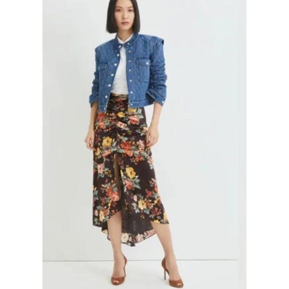 VERONICA BEARD Pixie Floral Ruched Silk Midi Skirt | Womens 0, Oxblood Brown - Picture 3 of 11